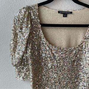 Boston Proper XS sheer sequins balloon sleeve holiday party top